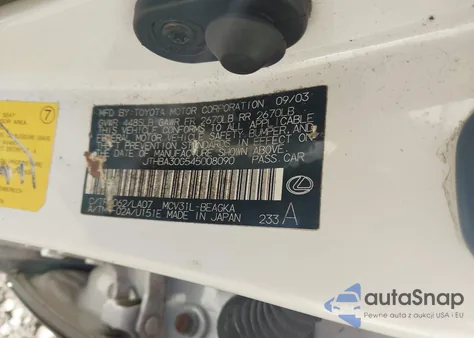 2004 Lexus Es 330 z USA, uszkodzony, nr VIN JTHBA30G545008090